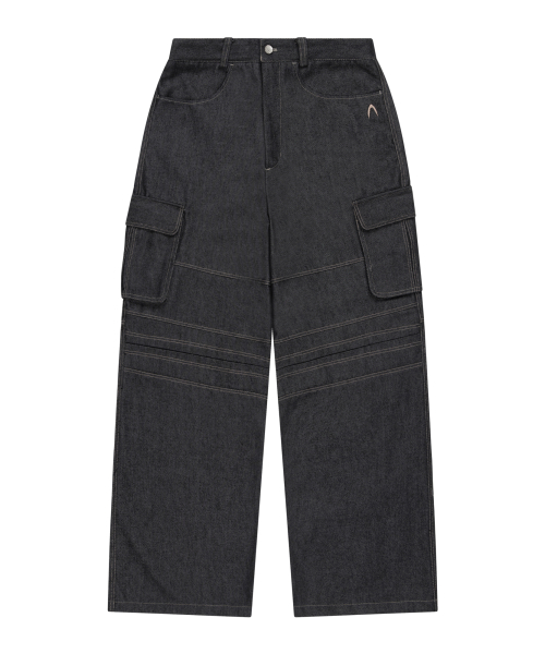 Stitched Denim Wide Cargo Pants (Black)