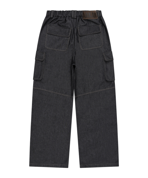 Stitched Denim Wide Cargo Pants (Black)