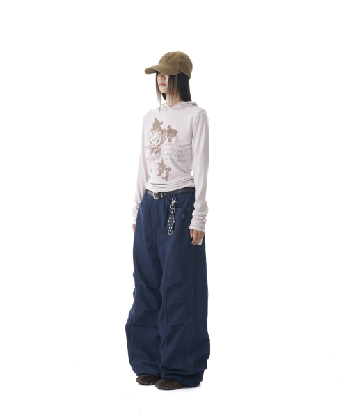 98 Printed Knee Pin-tuck Denim Pants (Blue)