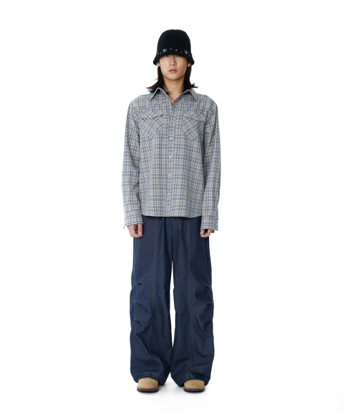 98 Printed Knee Pin-tuck Denim Pants (Blue)