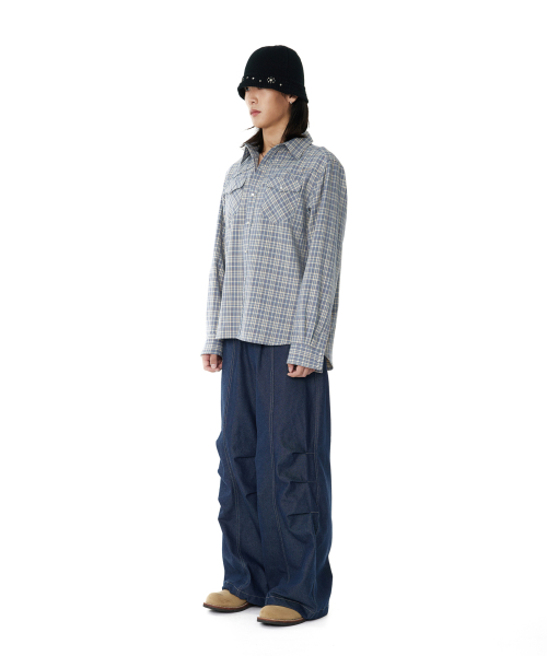 98 Printed Knee Pin-tuck Denim Pants (Blue)