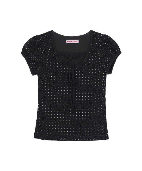 Puff Sleeve Dot Ribbon Short Sleeve T-Shirt Black