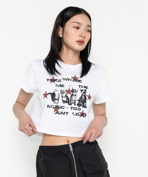 캣 스타 그래픽 크롭티 화이트