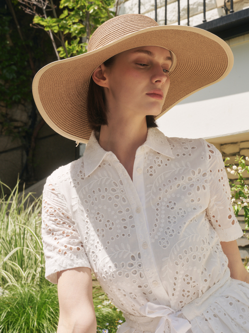 Colored Hem Wide Bucket Hat (Ivory)