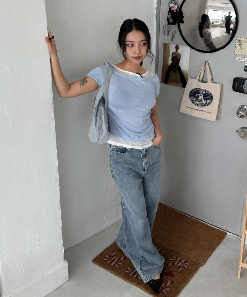 시스루 더블 레이어드 핀턱 슬림핏 반팔 슬리브 티셔츠_3COLOR