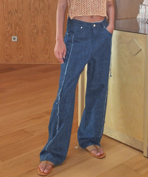 FRINGE LINE DENIM PANTS - BLUE
