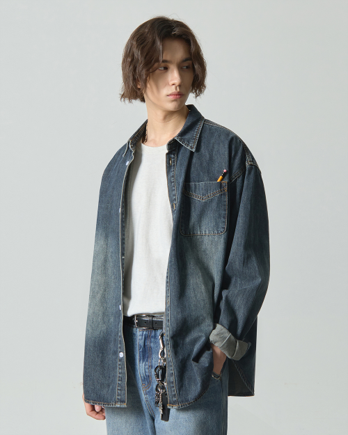ASI ESSENTIAL BIO WASHING DENIM SHIRT_INDIGO GRAY