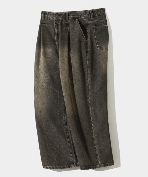 ASI ESSENTIAL ONE-TUCK WIDE DENIM PANTS_DUST BLACK