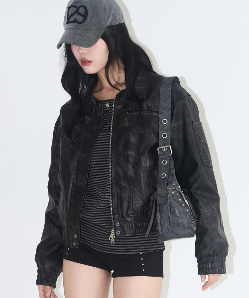 Washed Leather Bomber Jacket Black