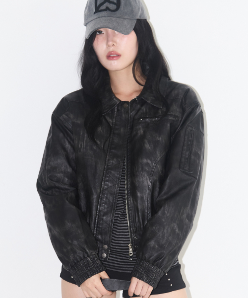 Washed Leather Bomber Jacket Black