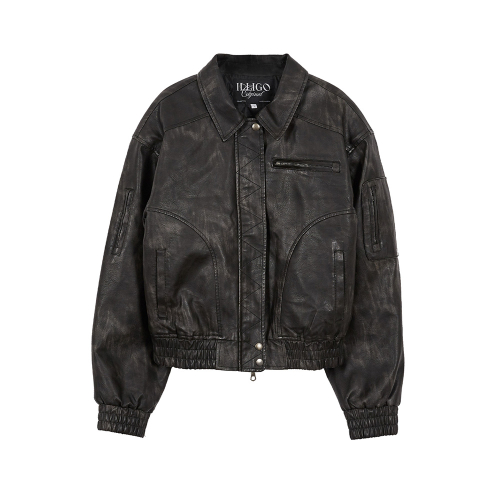 Washed Leather Bomber Jacket Black