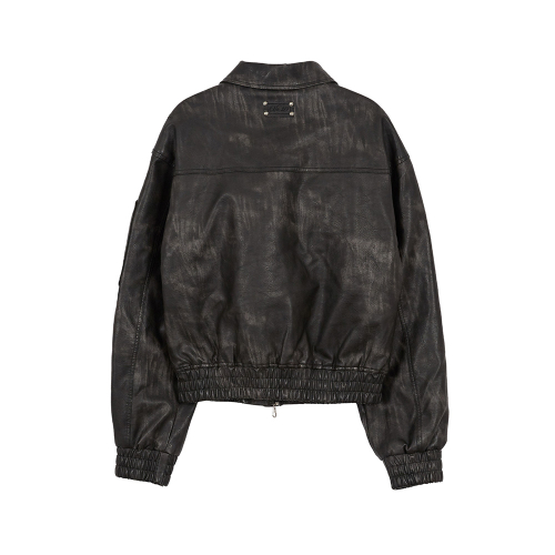 Washed Leather Bomber Jacket Black