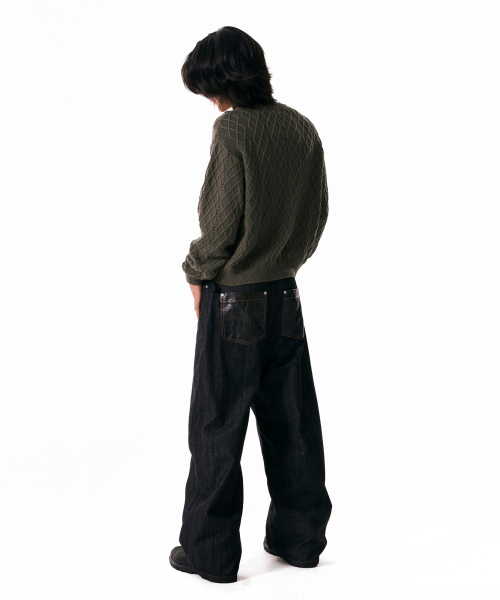 Leather Patch Denim Pants (Black)
