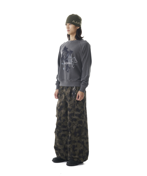 Knee Pin-tuck Camouflage Twill Pants (Khaki)