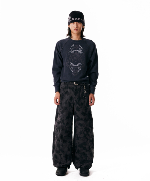 Knee Pin-tuck Camouflage Twill Pants (Black)