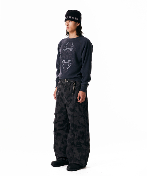 Knee Pin-tuck Camouflage Twill Pants (Black)