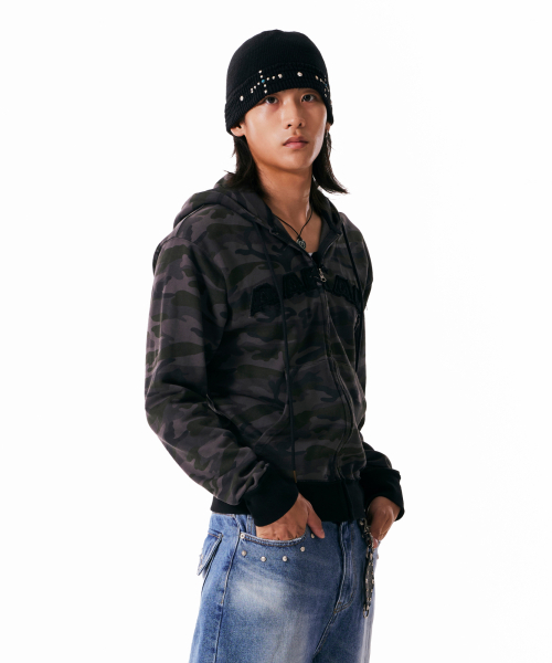 Contrast Logo Zip-up Hoodie (Black)