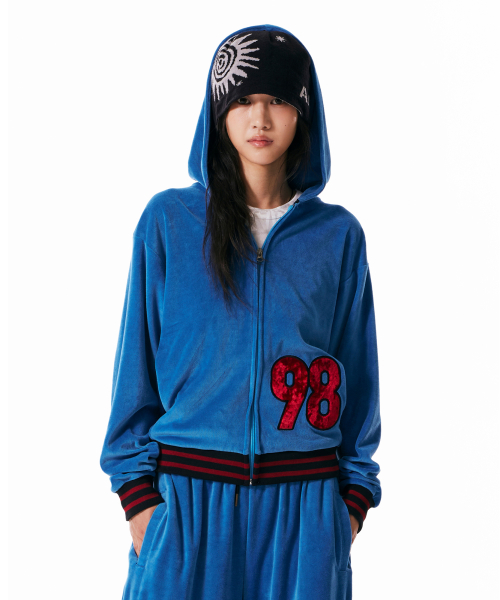 98 Patch Velour Zip-Up Hoodie (Blue)