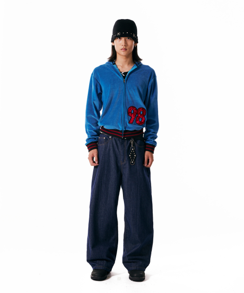 98 Patch Velour Zip-Up Hoodie (Blue)