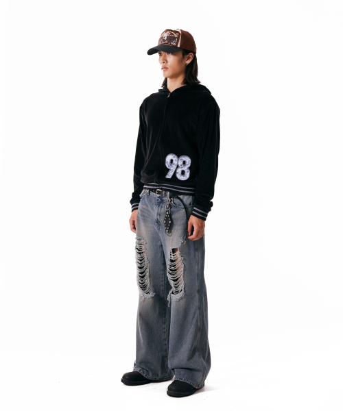 98 Patch Velour Zip-Up Hoodie (Black)
