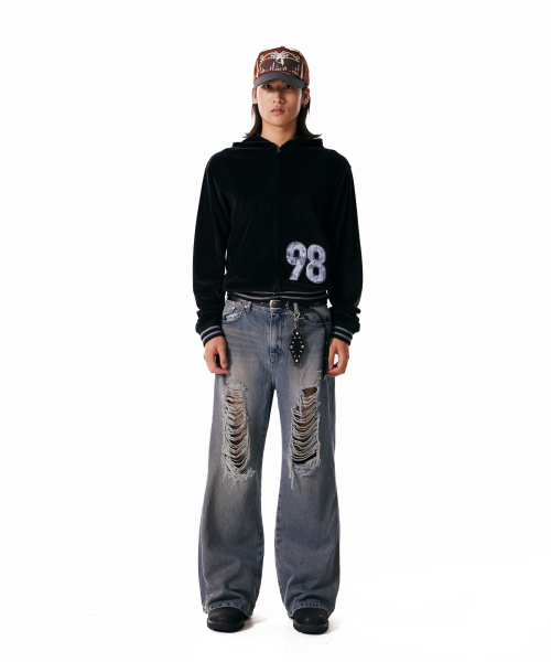 98 Patch Velour Zip-Up Hoodie (Black)