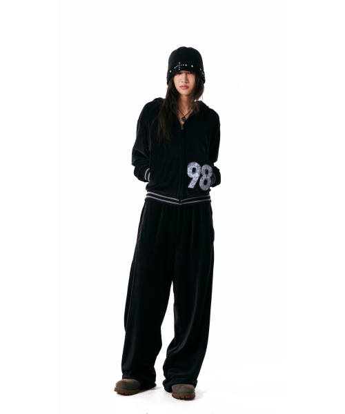 98 Patch Velour Zip-Up Hoodie (Black)