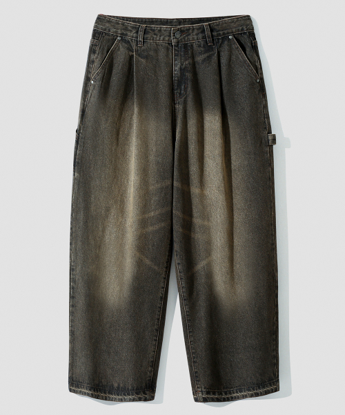 BIO WASHING WIDE CARPENTER DENIM PANTS_DUST BLACK