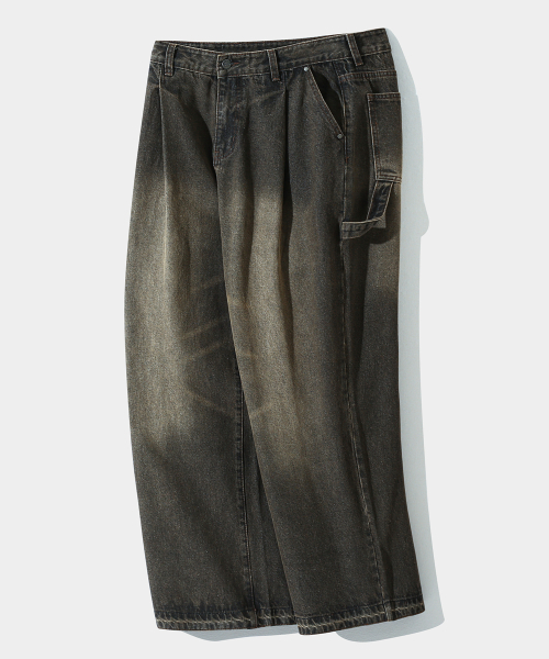 BIO WASHING WIDE CARPENTER DENIM PANTS_DUST BLACK