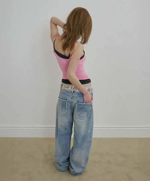Beaded Waist Denim Pants Mid Blue