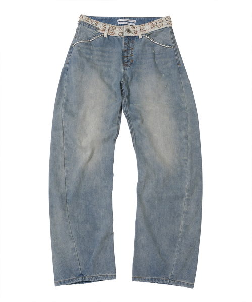 Beaded Waist Denim Pants Mid Blue