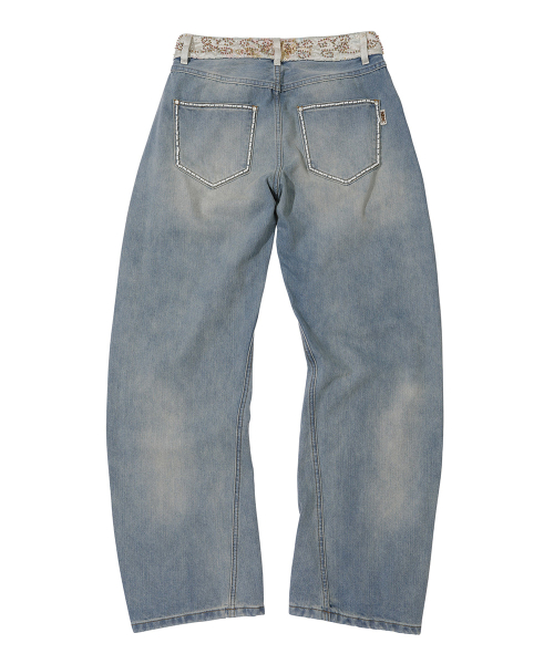 Beaded Waist Denim Pants Mid Blue