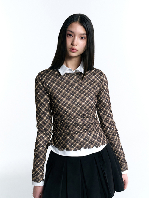 CHEEKCHECK SLIM-FIT T-SHIRT [BROWN]