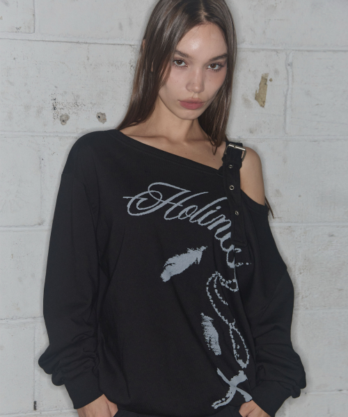 ONE-SHOULDER BUCKLE SWEATSHIRT (BLACK)_F24ZB063