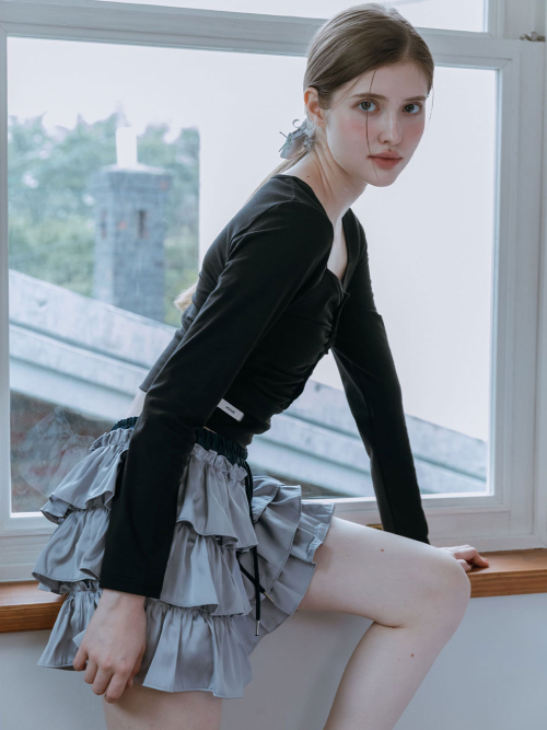 SATIN TIERED SKIRT PANTS / GREY