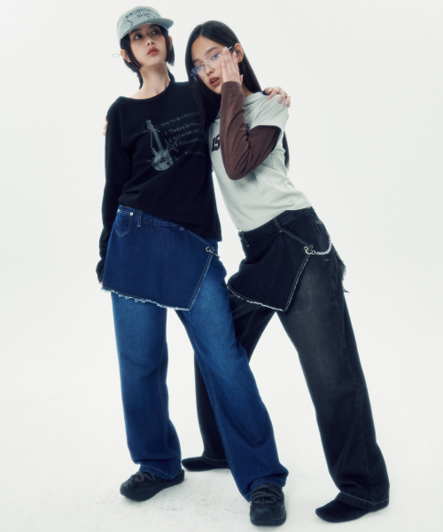 SKIRT LAYERED DENIM PANTS [BLUE]