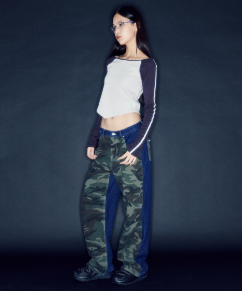 CAMOUFLAGE PANEL DENIM PANTS [BLUE]