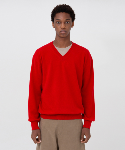 Extra Super Fine V Neck Knit, Red
