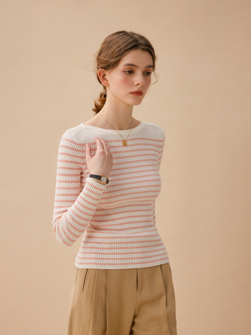 LUX marine boat neck stripe knit_PINK