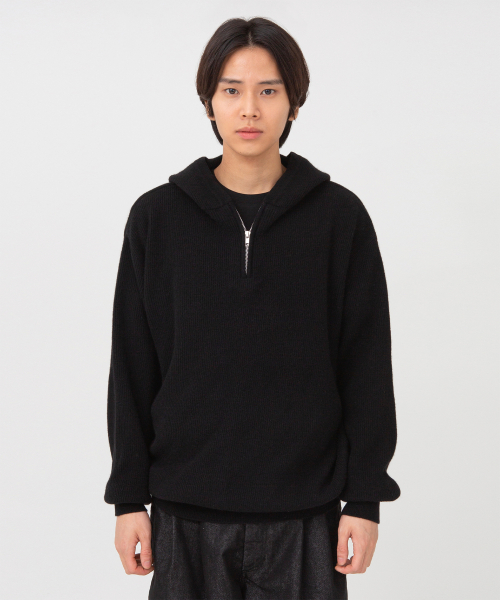 Cashmere Hood Half Zip Up, Black