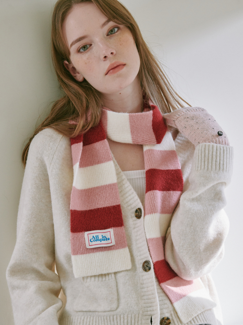 3 Stripe Knit Muffler (Cherry, Pink, Cream)