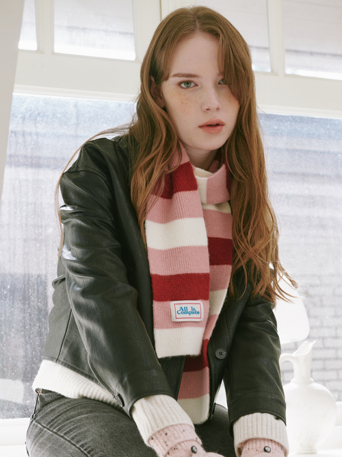 3 Stripe Knit Muffler (Cherry, Pink, Cream)