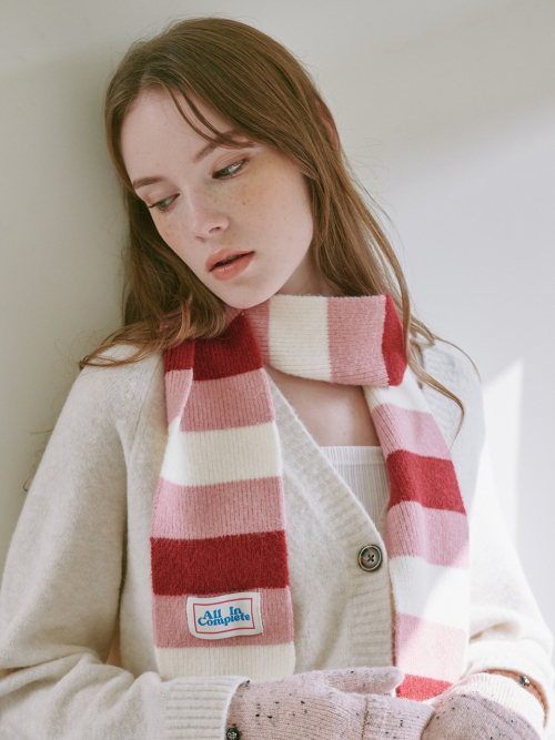 3 Stripe Knit Muffler (Cherry, Pink, Cream)