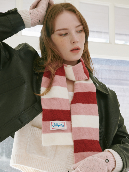 3 Stripe Knit Muffler (Cherry, Pink, Cream)