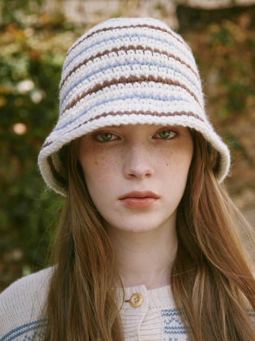 Wool Stripe Crochet Hat (Cream)