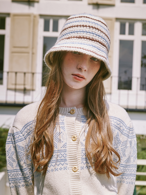 Wool Stripe Crochet Hat (Cream)