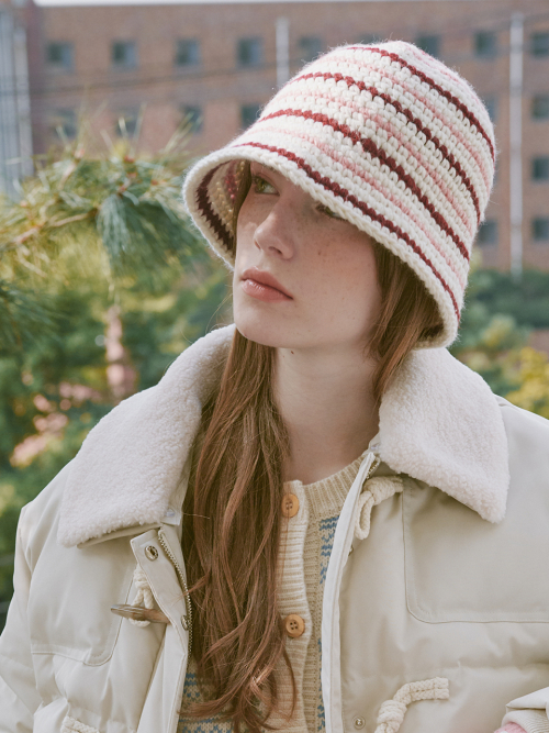 Wool Stripe Crochet Hat (Pink)