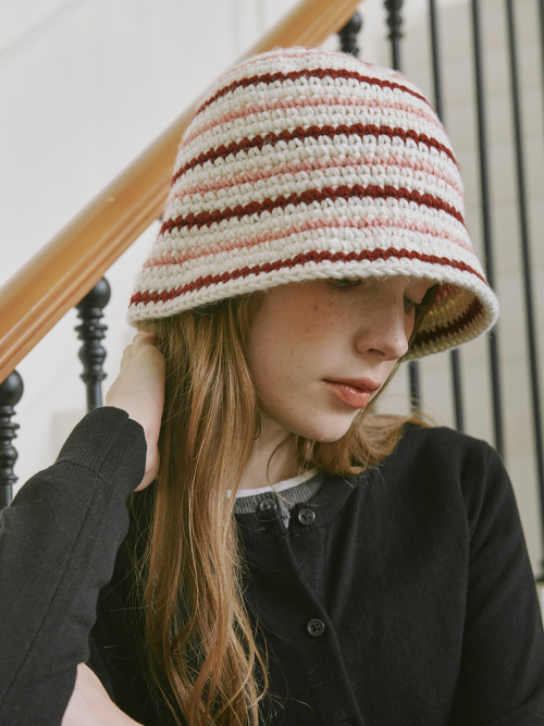 Wool Stripe Crochet Hat (Pink)