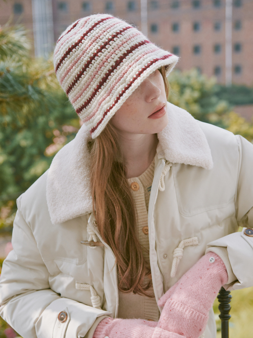 Wool Stripe Crochet Hat (Pink)