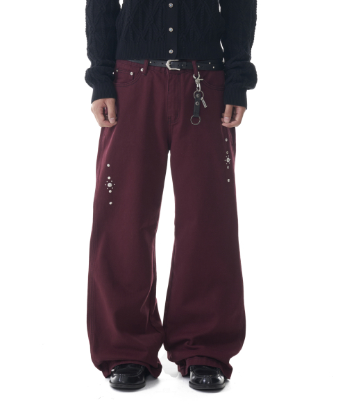 Western Studded Cotton Pants (Wine)