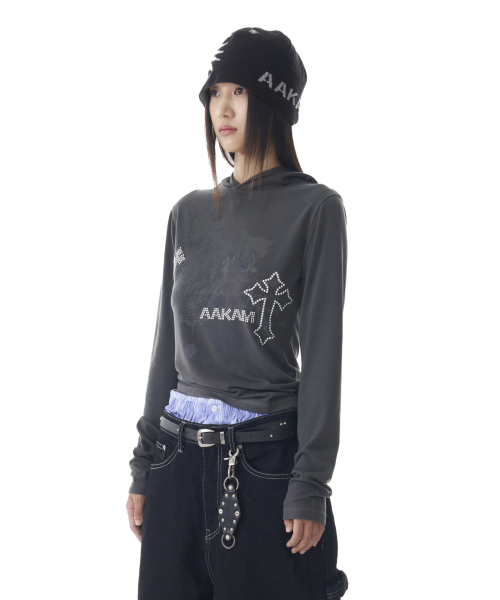Studded Cross Hooded Long Sleeve (Dark Gray)